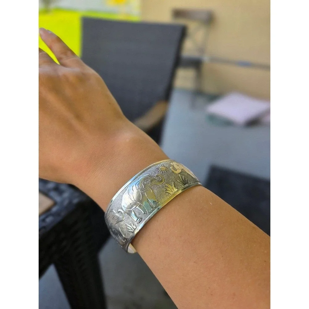 Silver Tone Elephant Cuff Bracelet Wide Boho‎ Festival Statement Jewelry
